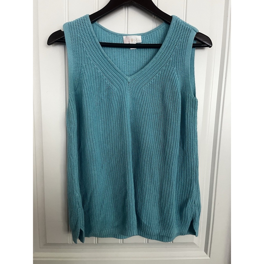 Belle by Kim Gravel Women's Knit V-Neck Top Solid Large Sleeveless Teal 689
